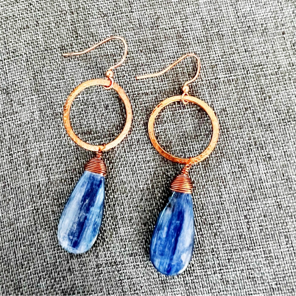 Alissa N. Copper wrapped Kyanite teardrop hoop dangle earrings